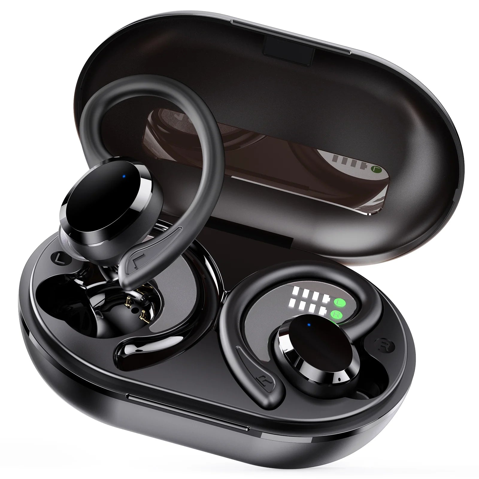 Donerton Bluetooth Headphones, Wireless Earbuds with Sports Earhooks, Earphones in Ear Waterproof with Microphone LED Display, Touch Control, Bluetooth 5.1 Wireless Headset with Charging Case