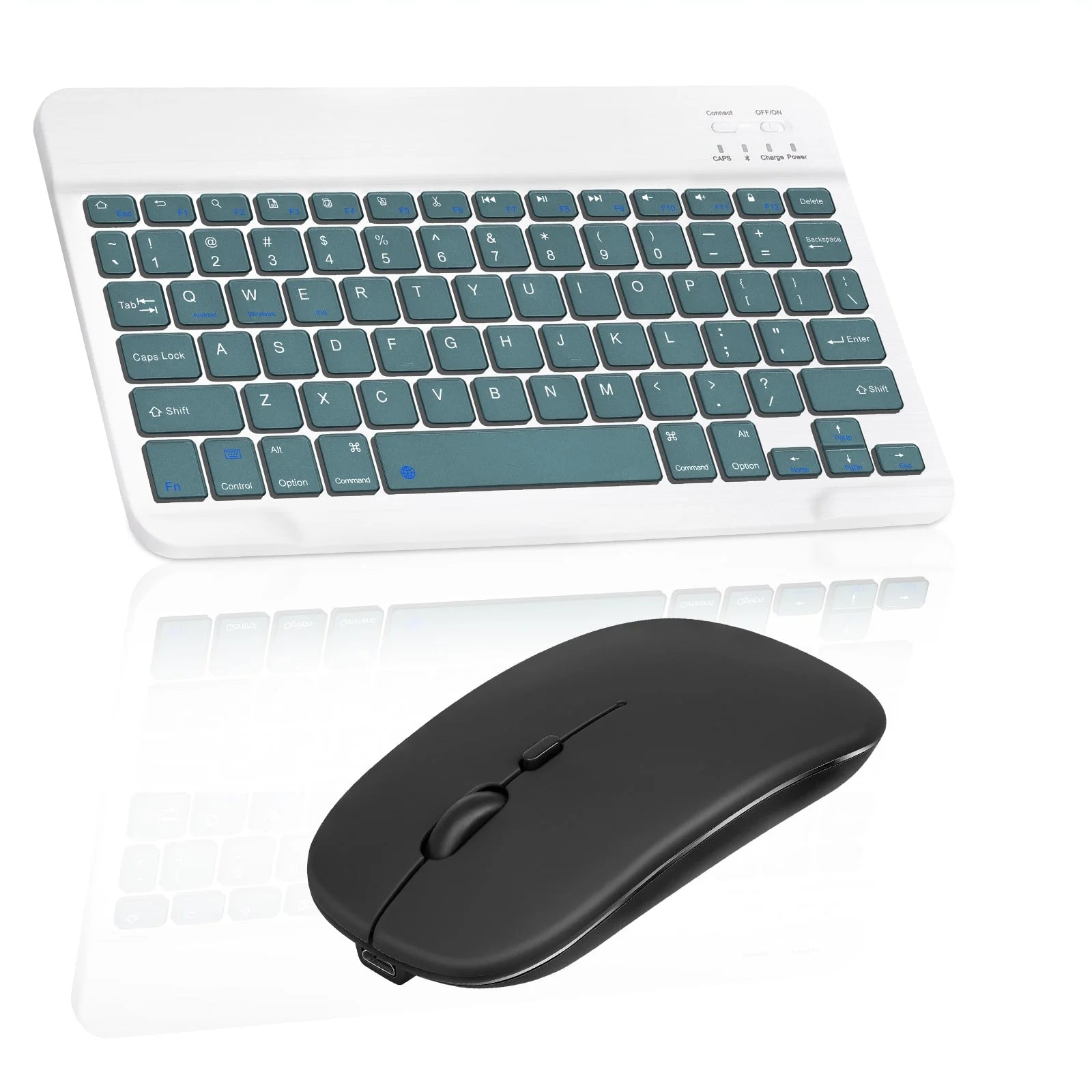 Rechargeable Bluetooth Keyboard and Mouse Combo Ultra Slim Full-Size Keyboard and Ergonomic Mouse for Wiko View2 Pro and All Bluetooth Enabled Mac/Tablet/iPad/PC/Laptop -Pine Green with Black Mouse