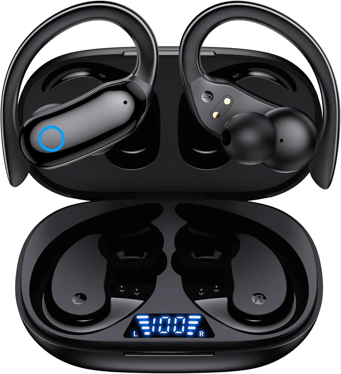 Phmnkl Bluetooth Headphones Wireless Earbuds 80hrs Playback IPX7 Waterproof Ear Buds Over-Ear Stereo Bass Earphones with Earhooks Microphone LED Battery Display for Sports/Workout/Gym/Running