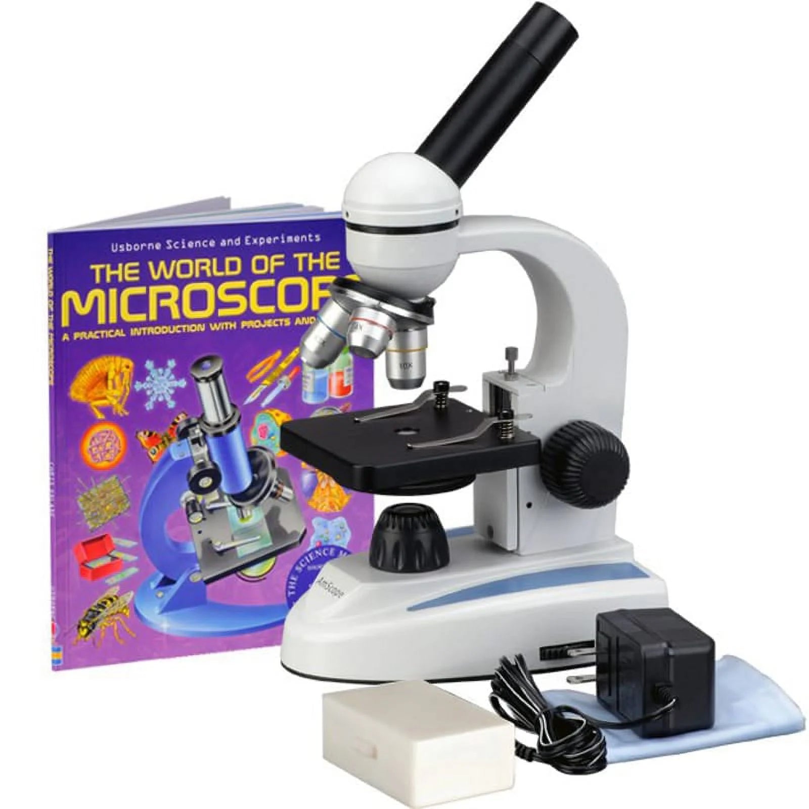 AmScope 40X-400X Glass Optics Metal Frame Student Compound Microscope + Slides & Book New