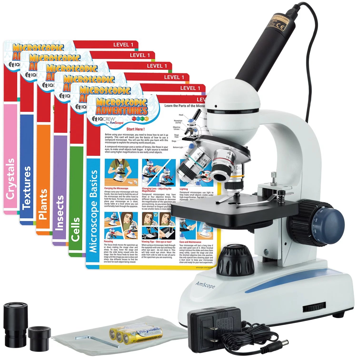 Student 40X-1000X Microscope Kit 360-Degree Rotating Monocular Head with USB Camera and Experiment Cards