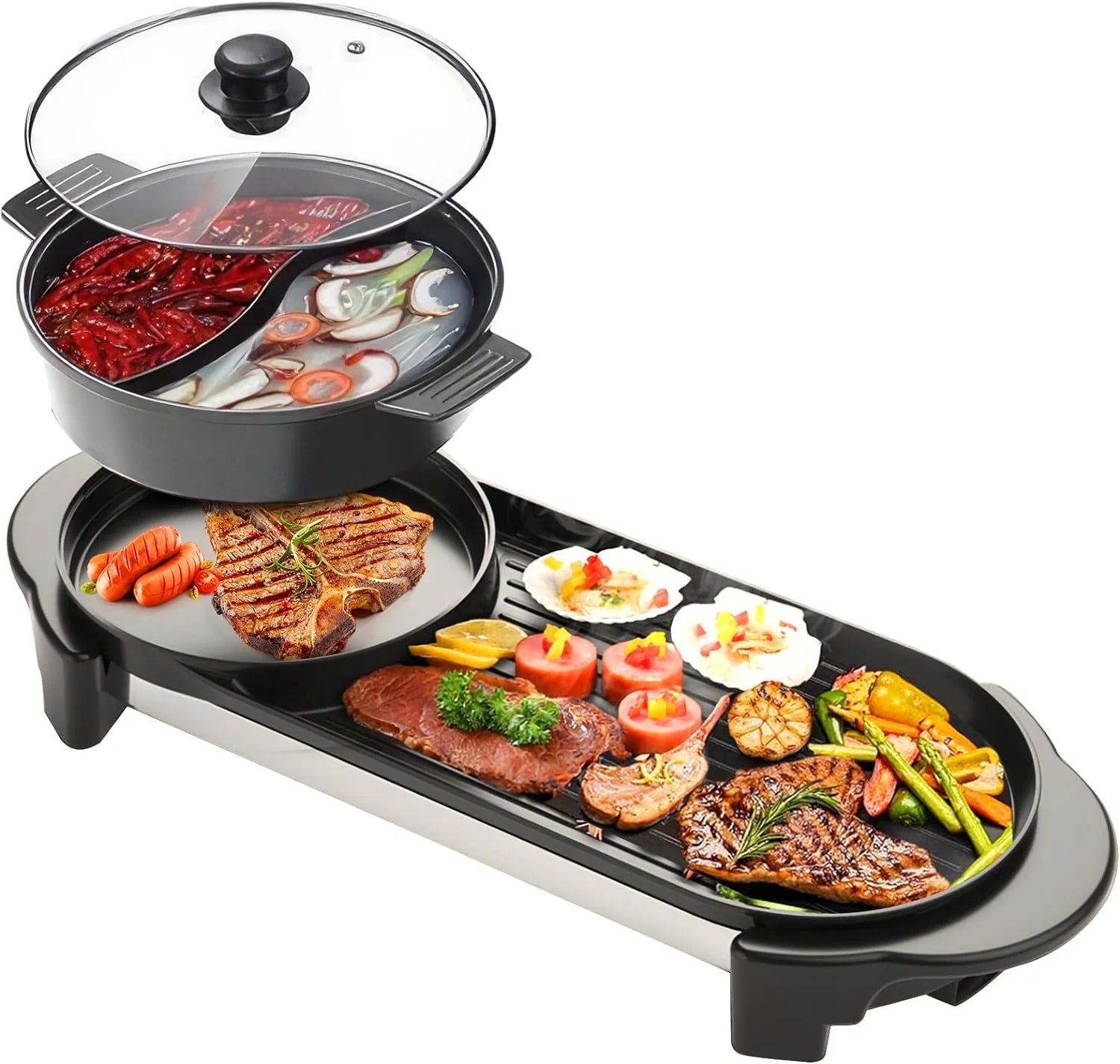 2 in 1 Electric Smokeless Grill and Hot Pot, 2200W Removable Hotpot Pot, Large Capacity Baking Tray, Non-Stick Skillet Pan, Dual Adjustable Temperature, 1-6 People