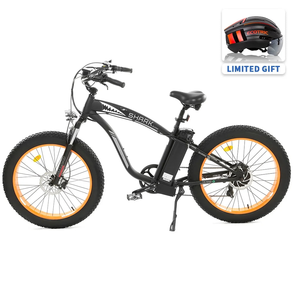 Ecotric 26 ¡Á 4.0 Fat Tire Motorized Electric Bicycle Mountain Beach Snow Removable 750 W 48 V 12.5 Ah Lithium Battery Pedal Assist Black frame and Orange A-E516646