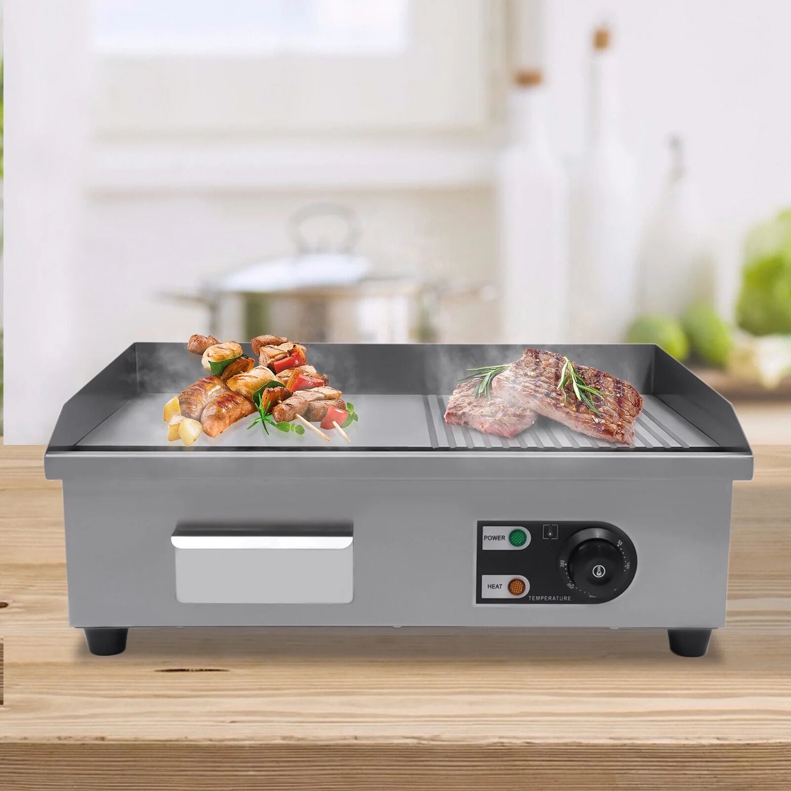 22 Combo 1600W Electric Griddle Flat Top Grill Hot Plate BBQ Countertop Non-stick Restaurant Grill