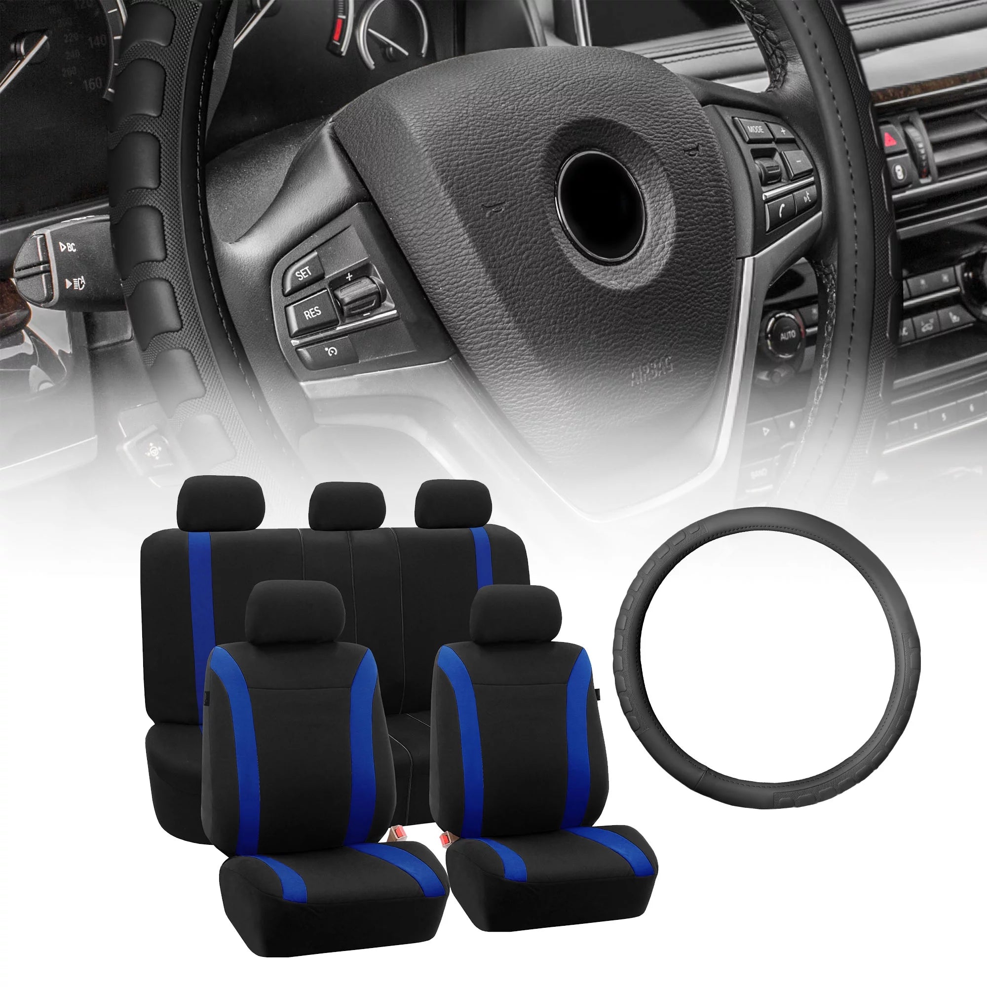 FH Group Flat Cloth Seat Covers for Car Sedan SUV Van, Full Set with Black Leather Steering Wheel Cover, Blue Black