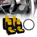 FH Group Flat Cloth Seat Covers for Auto, Full Set with Leather Steering Wheel Cover, Yellow Black