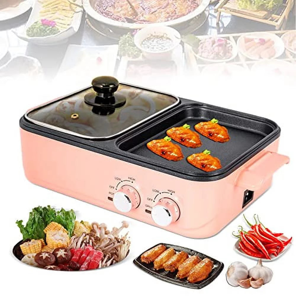 OUKANING 2 in 1 Electric Hot Pot BBQ Grill Pan Soup Indoor Smokeless Baking Pan 1200-1500W Non-Stick Baking 110V