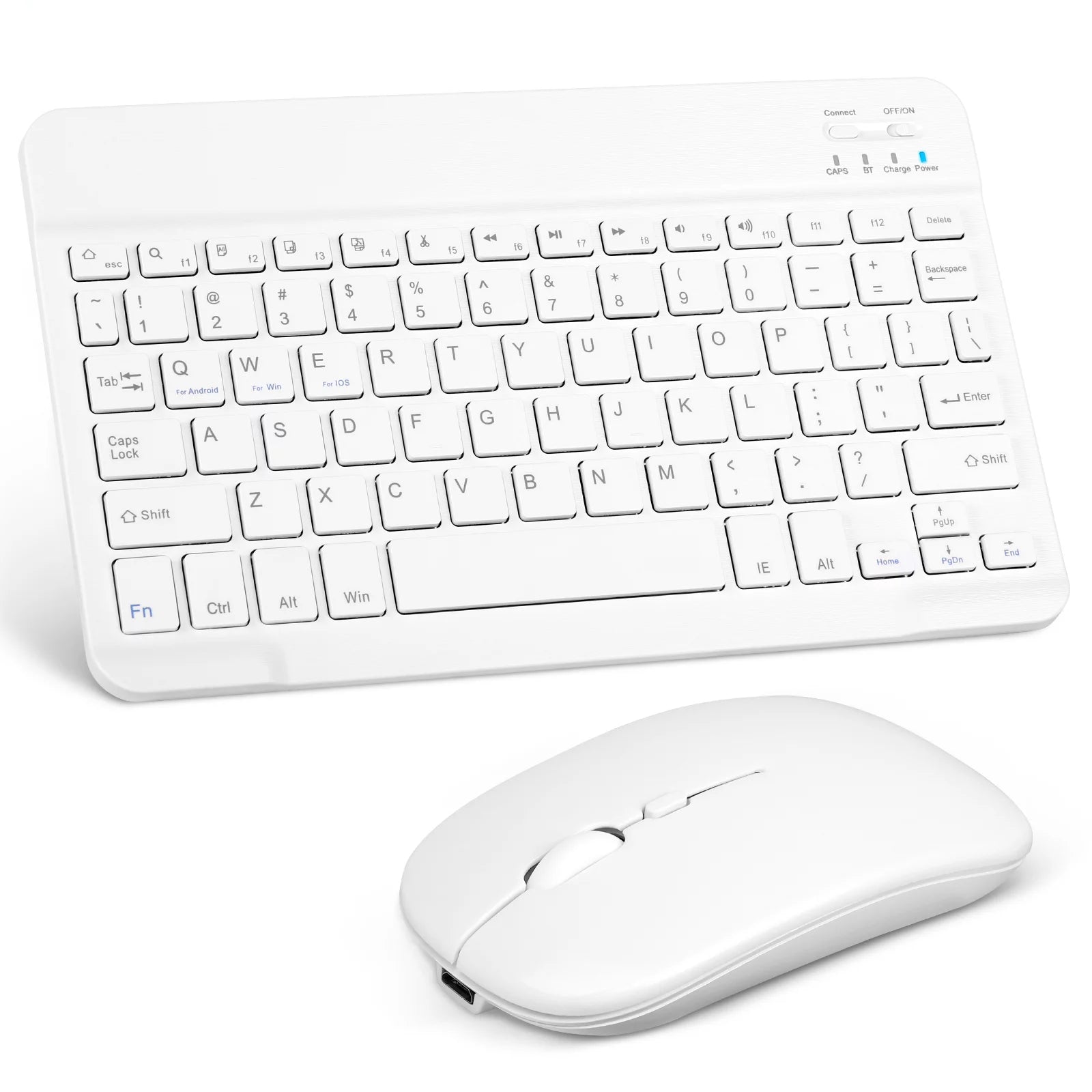 Rechargeable Bluetooth Keyboard and Mouse Combo Ultra Slim Full-Size Keyboard and Ergonomic Mouse for Yezz Andy 4E7 and All Bluetooth Enabled Mac/Tablet/iPad/PC/Laptop - Pure White