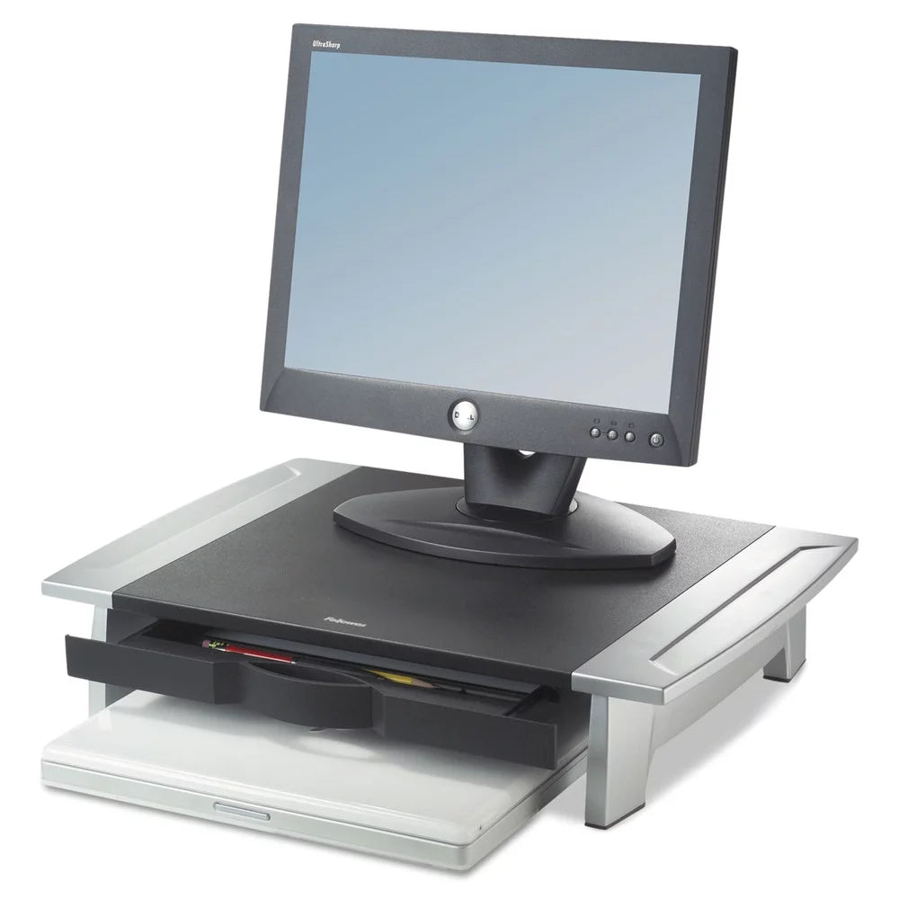 Fellowes Mfg Co. 8031101 Office Suites Standard Supports 80 lbs. 19.78 in. x 14.06 in. x 4 in. to 6.5 in. Monitor Riser For 21 in. Monitors - Black/Silver