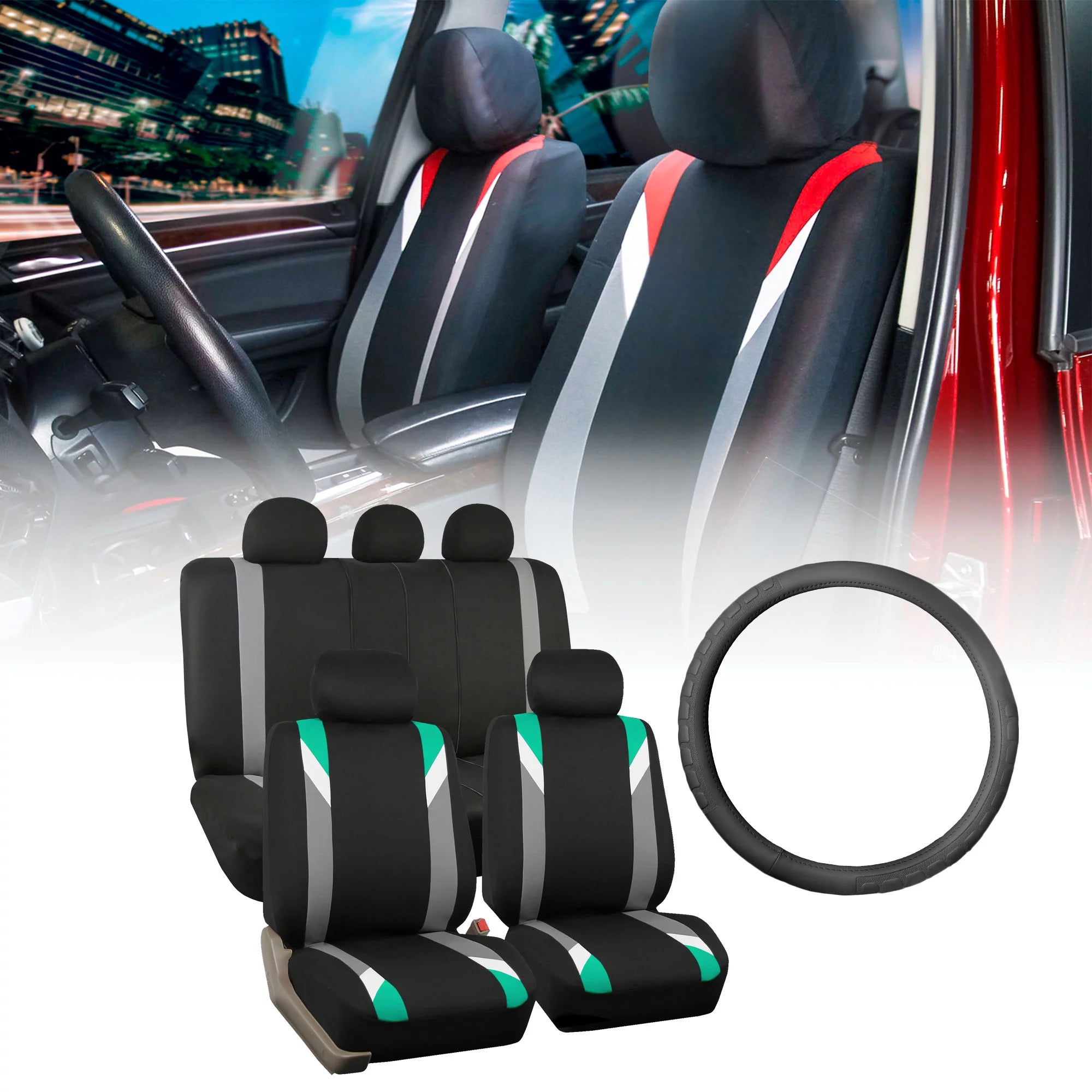 FH Group Premium Modernistic Car Seat Covers Combo, Full Set with Leather Steering Wheel Cover, Mint Black