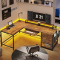 69 Reversible Computer Desk with LED Lights,  L Shape Desk for Home Office, Rustic Brown