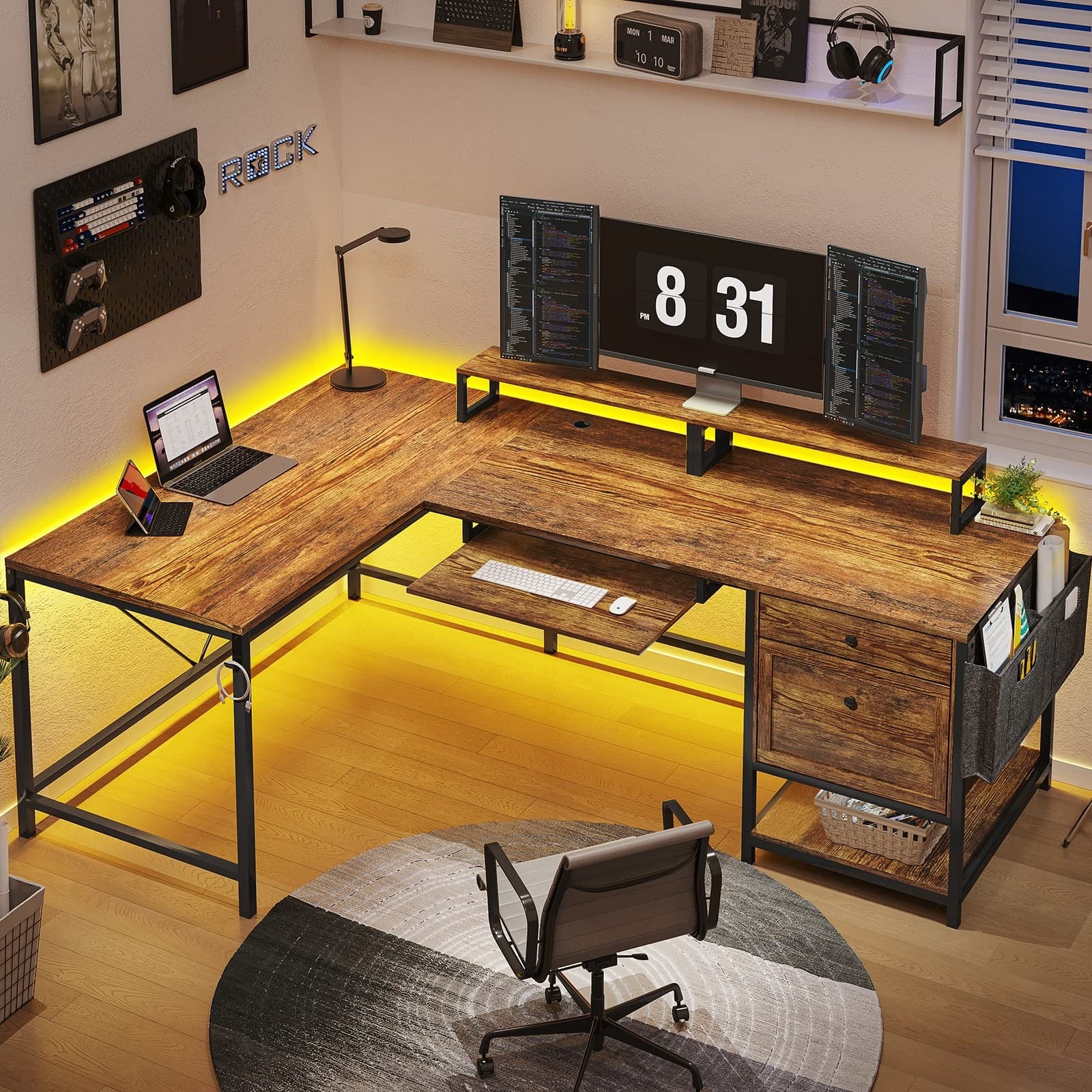 69 Reversible Computer Desk with LED Lights,  L Shape Desk for Home Office, Rustic Brown