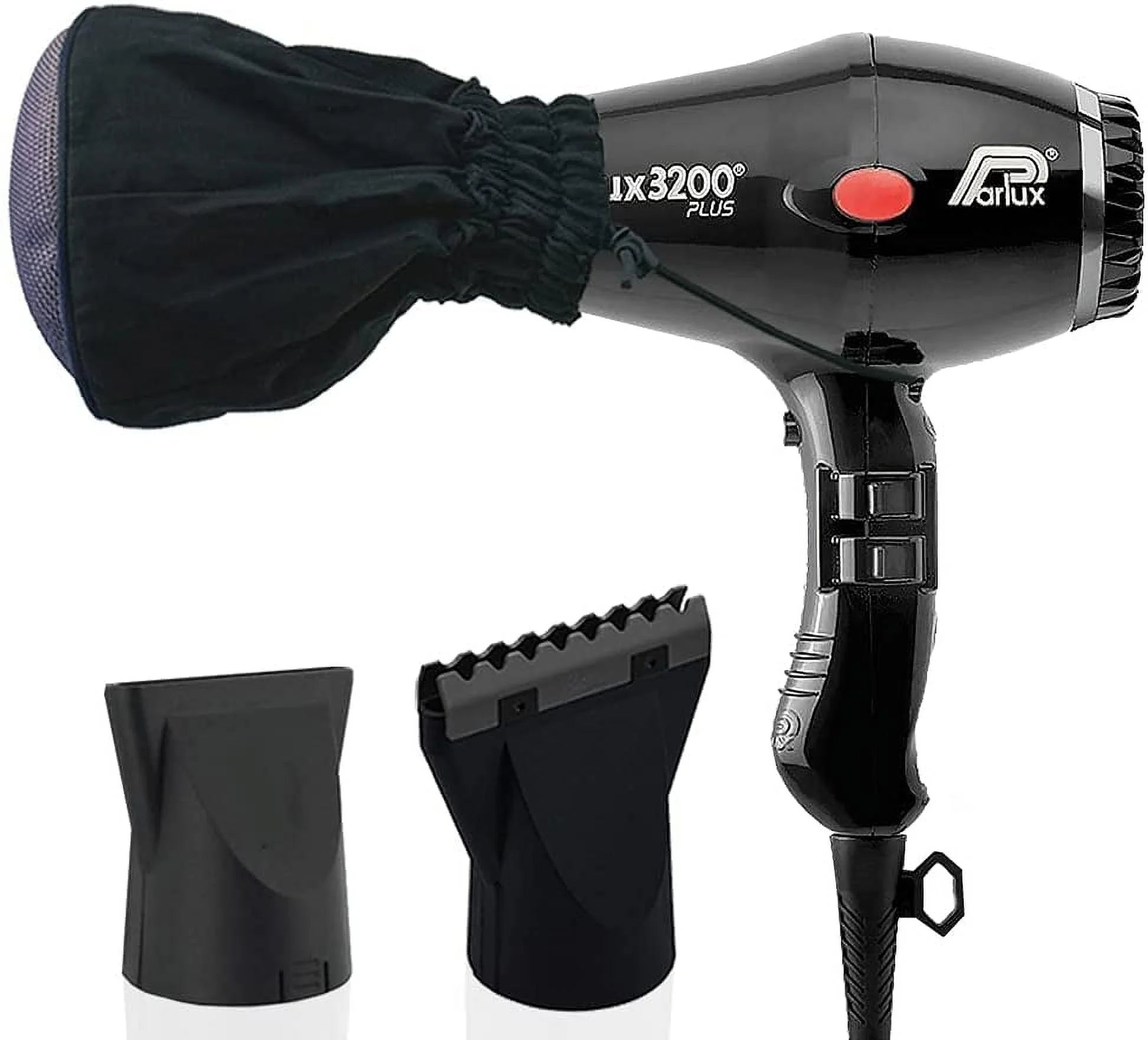 Parlux 3200 Plus BLACK Hair Dryer, M Hair Designs Metal Mesh Diffuser and M Hair Designs Hot Blow Attachment Black (Bundle - 3 items)