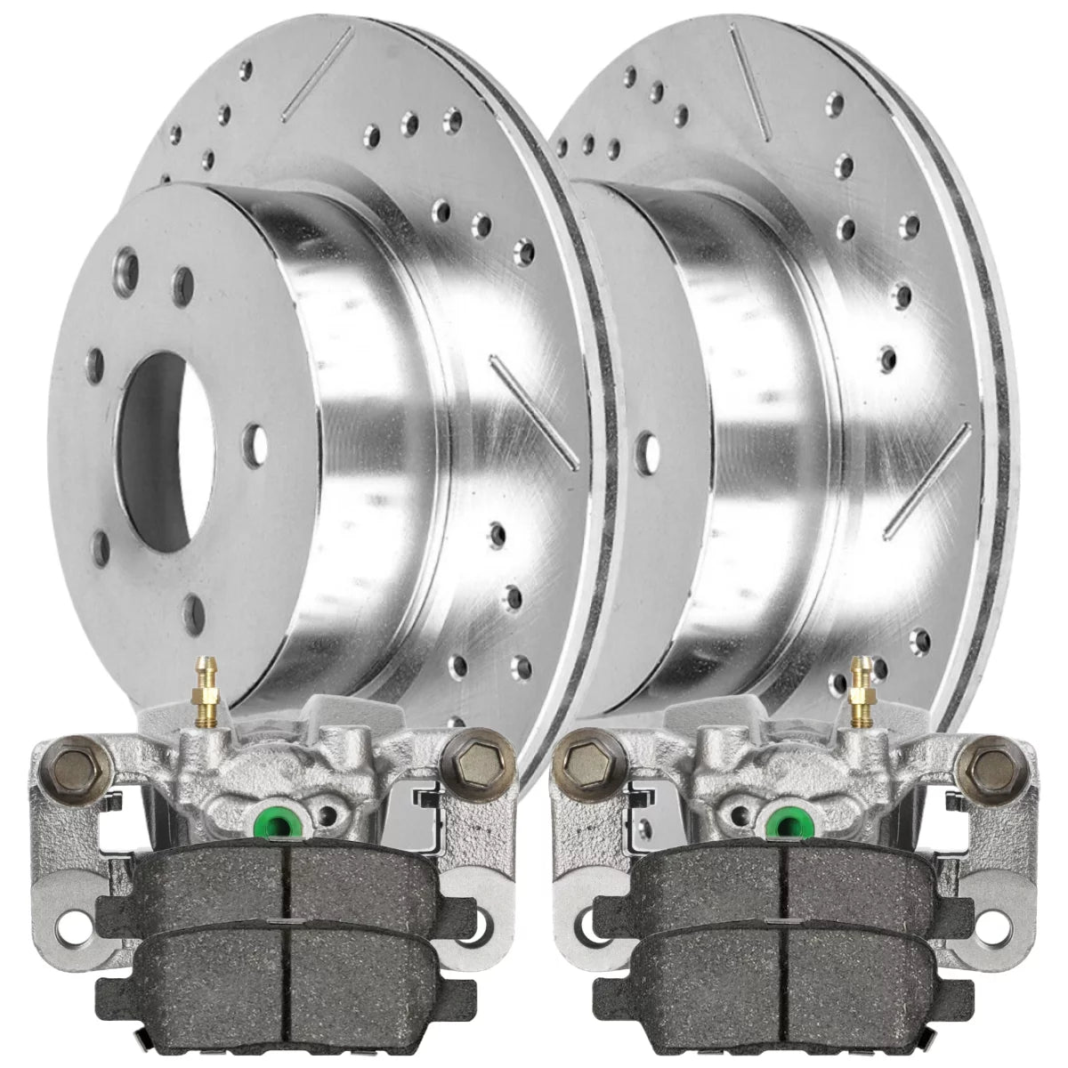 AutoShack Rear Brake Calipers Ceramic Pads Drilled Slotted Rotors Silver Kit Driver and Passenger Side Replacement for 2010 2011 2012 INFINITI EX35 2013 EX37 2014-2016 2017 QX50 3.5L 3.7L V6 AWD RWD